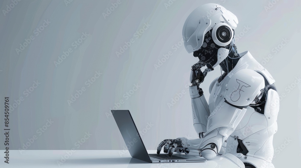 A White Robot Using a Laptop