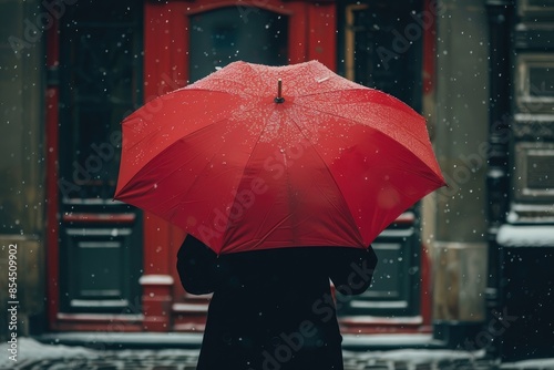 This image shows a person in a black coat holding a red umbrella, creating a striking contrast and capturing the mood of a rainy day. This image can be used for content related to weather, fashion, ur