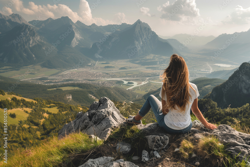 Naklejka premium Young woman enjoying breathtaking view of valley from mountain top during travel adventure