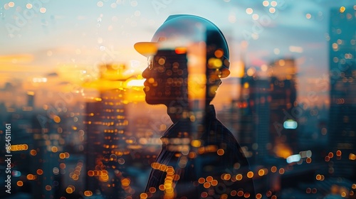 Silhouette of a Man in Hardhat against a Cityscape at Sunset