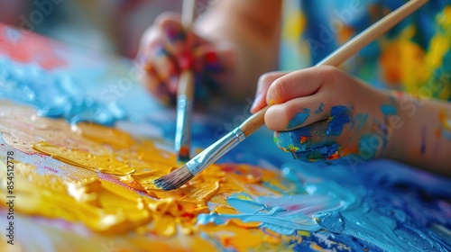 Close-Up of a Child's Hand Painting with a Brush