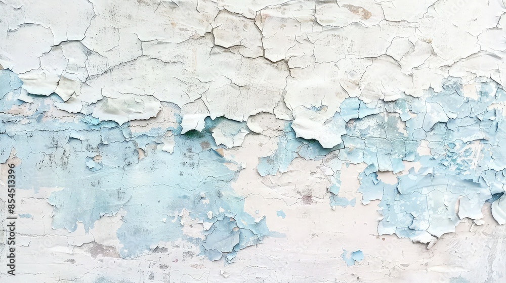 Fototapeta premium A textured background mimicking aged wall plaster, where light blue and white paint peel and crack to reveal layers of color, adding depth and interest.