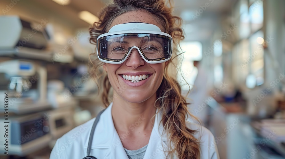 A female scientist in a lab coat smiles while wearing protective eyewear A female scientist in a lab coat smiles while wearing protective eyewear
