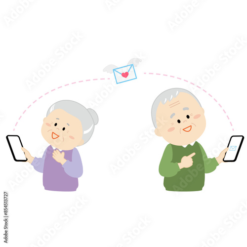 スマホからメールを送るシニア夫婦