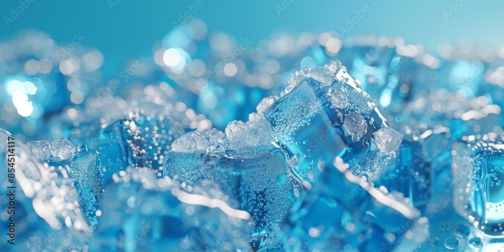 Closeup of ice cubes, set against an icy blue background, showcasing the intricate details and textures in each piece, freshness and coolness for product packaging design or advertising Closeup of ice cubes, set against an icy blue background, showcasing the intricate details and textures in each piece, freshness and coolness for product packaging design or advertising