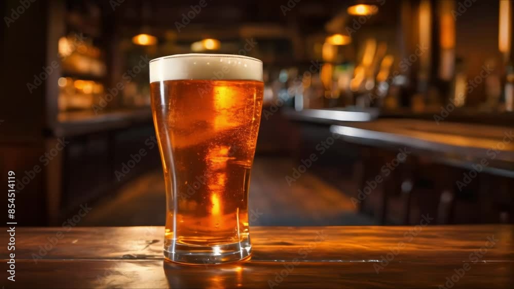 Cold Beer in Glass in Dimly Lit Pub: A Closeup Shot. Concept Beer Photography, Closeup Shot, Dimly Lit Setting, Pub Atmosphere, Beverage Photography Cold Beer in Glass in Dimly Lit Pub: A Closeup Shot. Concept Beer Photography, Closeup Shot, Dimly Lit Setting, Pub Atmosphere, Beverage Photography
