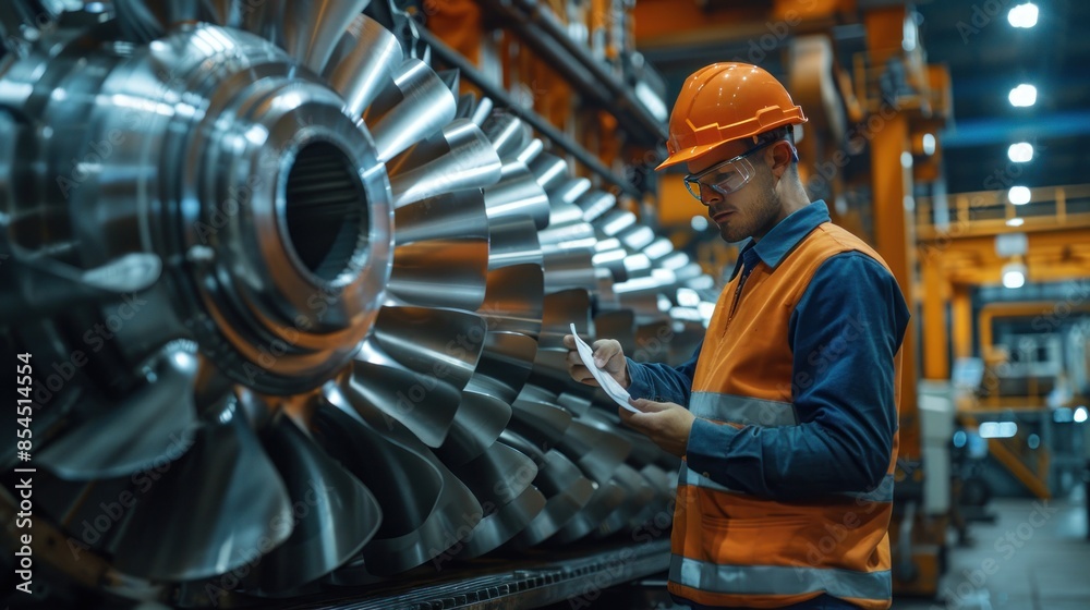 Industrial Worker Examining Turbine Blades Industrial Worker Examining Turbine Blades