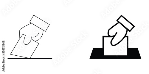 Hand voting ballot box icon, Election Vote concept, Simple line design for web site, logo, app, UI. Flat hand putting vote bulletin into ballot box icon. Vector illustration. Eps file 20.