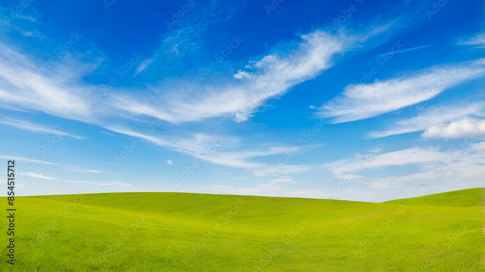 Digital composition of green meadow and blue sky backgrounds. Panoramic natural landscape with green grass field. Ai generative Digital composition of green meadow and blue sky backgrounds. Panoramic natural landscape with green grass field. Ai generative