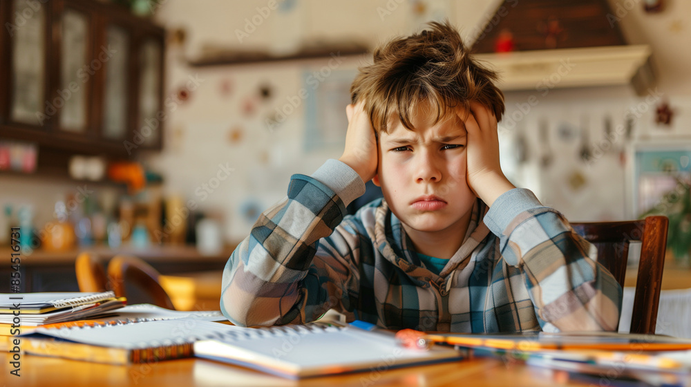 Upset schoolboy with his head in hands while doing homework in the ...