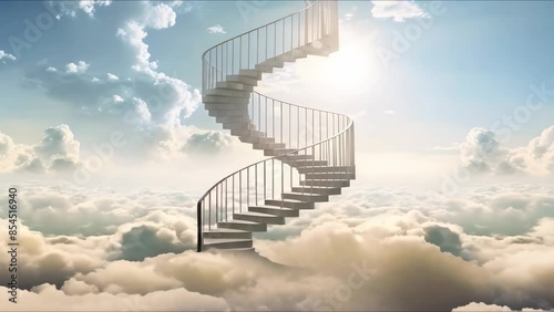 A surreal image of floating staircase twisting in clouds evoking disorientation. Concept Surreal, Floating Staircase, Twisting, Clouds, Disorientation