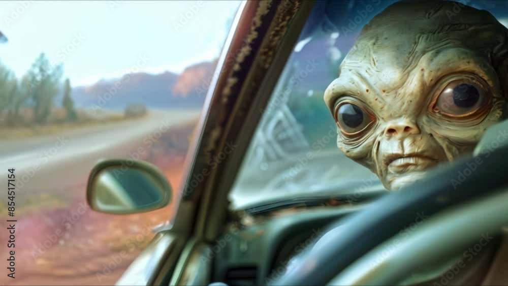 An alien driving a car with great concentration through the countryside. Concept Sci-fi, Driving, Alien, Concentration, Countryside An alien driving a car with great concentration through the countryside. Concept Sci-fi, Driving, Alien, Concentration, Countryside
