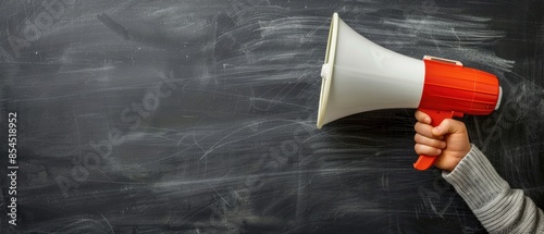A person is standing in front of a blackboard holding a megaphone