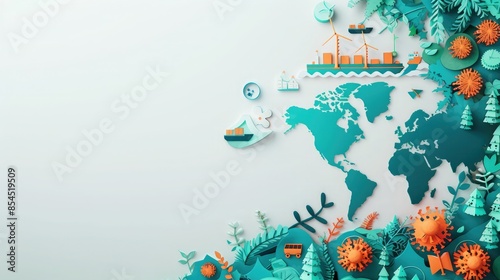 Colorful world map with paper-cut elements like trees, factories, and ships symbolizing nature, industrialization, and global trade.