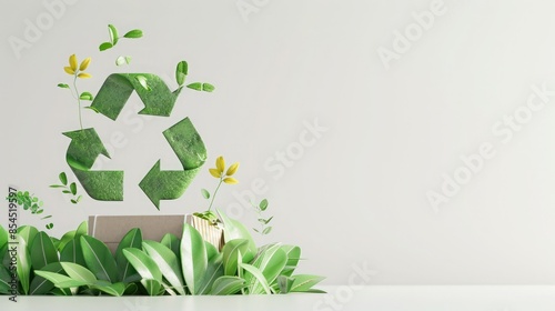 Wallpaper Mural Eco-friendly concept image with green recycling symbol and fresh plants on a plain background, emphasizing sustainability and environmental care. Torontodigital.ca