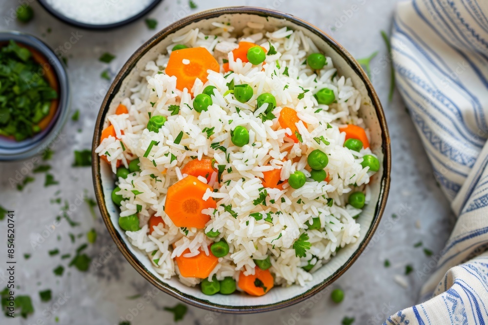 Top view of a bowl of rice with peas and carrots Top view of a bowl of rice with peas and carrots