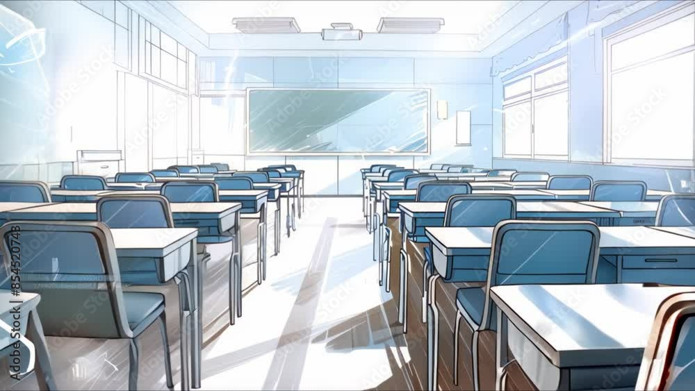 A looping animation of a classroom with desks and a chalkboard. Concept ...