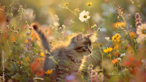 A kitten curiously exploring a field photo