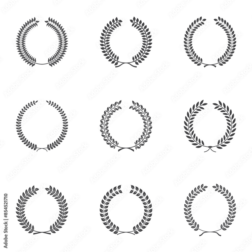 Fototapeta premium Set of wreaths and branches with leaves. Hand drawing laurel wreaths and branches collection. Laurels wreaths, swirls, twigs and flower ornaments.