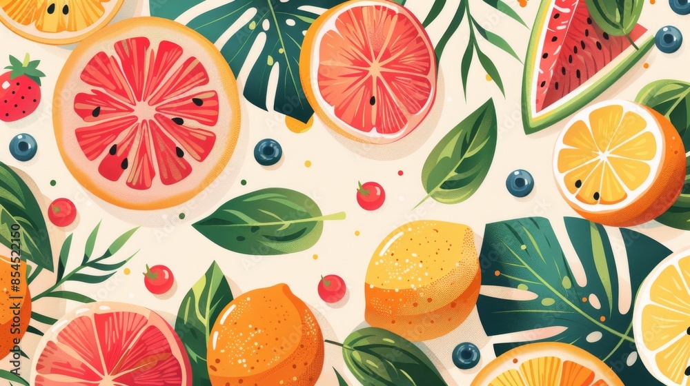 Bright citrus fruits and berries design Bright citrus fruits and berries design