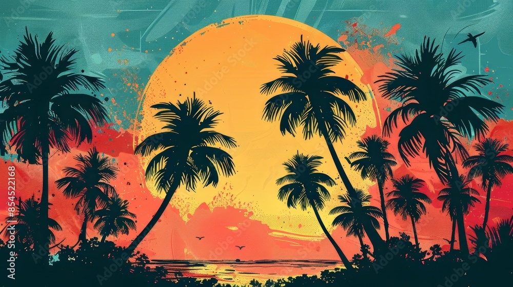 Obraz premium Tropical sunset with palm trees silhouette