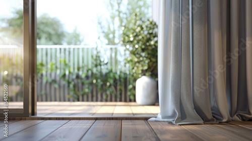 Close up of interior details brown wood laminate glass balcony door with gray white curtains with floor space available