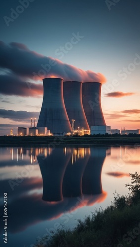 Rendering of a nuclear power plant with floating turbines and air coolers