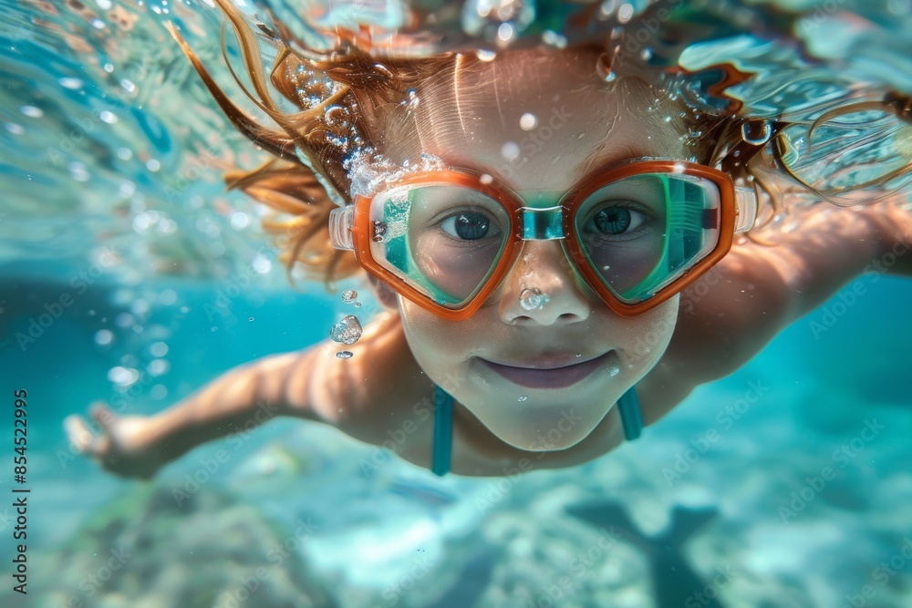 Naklejka premium Underwater view of a girl swimming