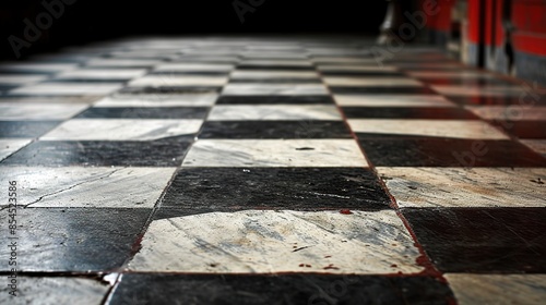 Black and white checkered tiles floor in the corridor of the old building.