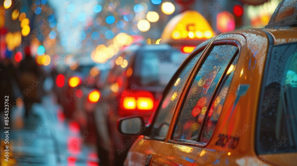 A bustling taxi stand in the heart of a lively city center at night with numerous yellow cabs waiting to pick up passengers amidst the blur of traffic and vibrant city lights The rainy A bustling taxi stand in the heart of a lively city center at night with numerous yellow cabs waiting to pick up passengers amidst the blur of traffic and vibrant city lights The rainy