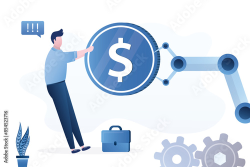 Business conflict. Robot hand takes away person income. Replacing person with cyborg or machine. businessman loses profit due to robotization