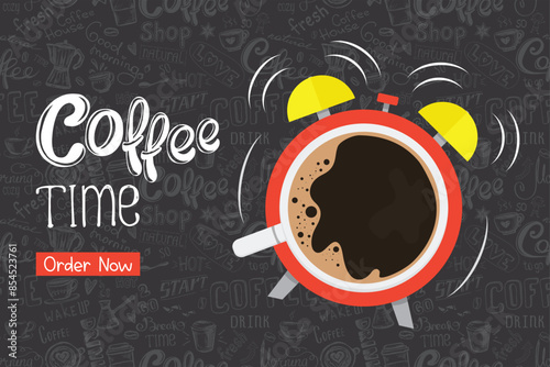 Coffee time, hand drawn poster. Ringing alarm clock with coffee cup on clock face. Time for break or time out. Take coffee to go. Reminder of the schedule and lifestyle