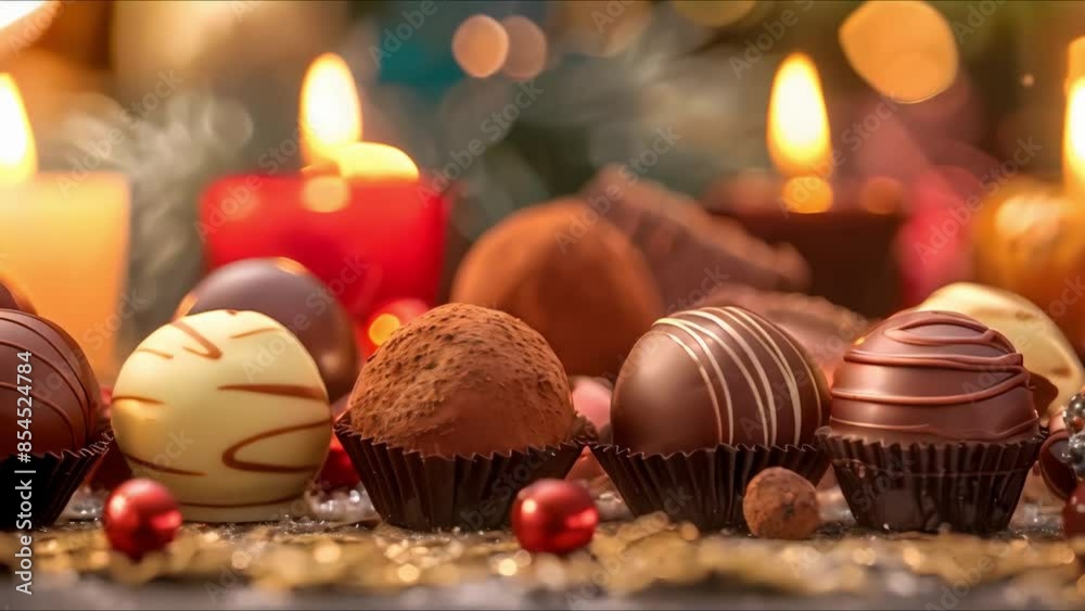 Chocolate truffles in a cozy candlelit setting with a festive atmosphere. Concept Chocolate Truffles, Cozy Ambiance, Candlelit Setting, Festive Atmosphere
