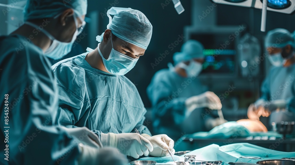 In the Glow of Mastery: Surgeons Execute Complex Medical Procedure at Sterile Surgical Table, Brilliant Lamp Light Illuminates the Scene, Showcasing Surgical Precision and Professional Excellence In the Glow of Mastery: Surgeons Execute Complex Medical Procedure at Sterile Surgical Table, Brilliant Lamp Light Illuminates the Scene, Showcasing Surgical Precision and Professional Excellence