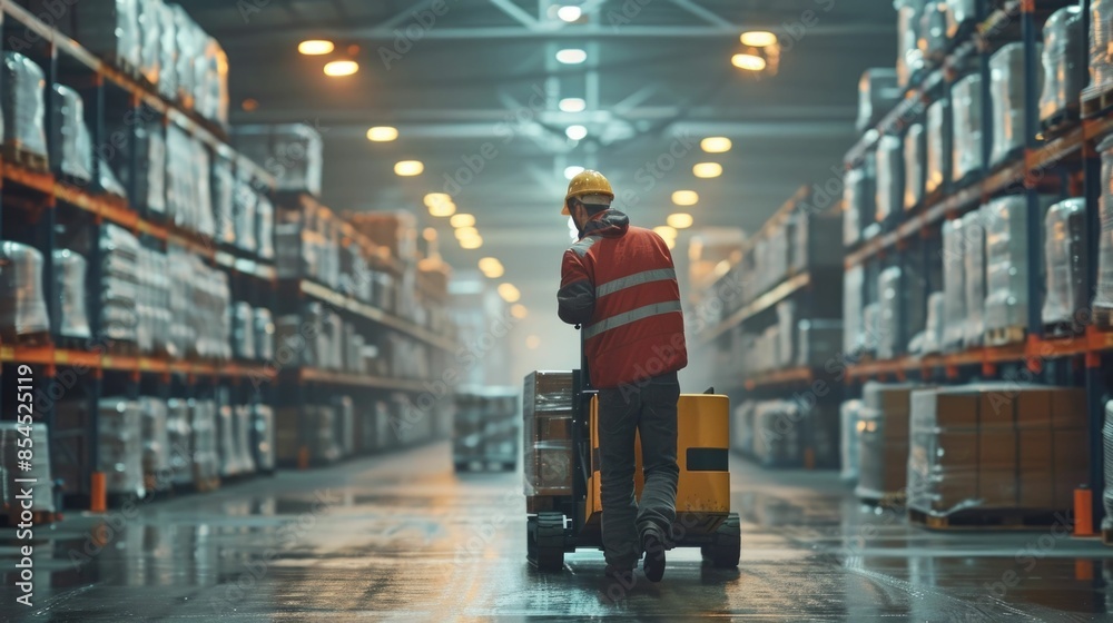 Forklift Operator Transporting Stacked Pallets of Goods in a Spacious Distribution Warehouse for Efficient Logistics and Inventory Management Forklift Operator Transporting Stacked Pallets of Goods in a Spacious Distribution Warehouse for Efficient Logistics and Inventory Management