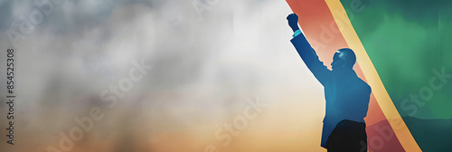 18 July. Banner design with copy space. South African flag and silhouette of Mandela.