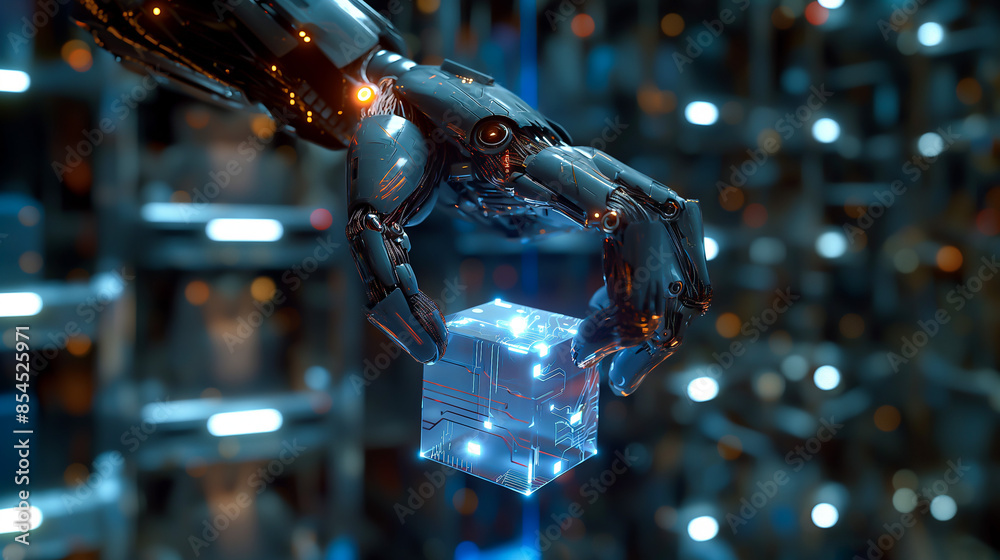 3D Futuristic Robot Hand Holding Knowledge Cube. Smart Technology, Network Connectivity, Integration, Automation. Android, Cyberspace, Sentient AI. Business, Industry, Work, Science, Engineering 3D Futuristic Robot Hand Holding Knowledge Cube. Smart Technology, Network Connectivity, Integration, Automation. Android, Cyberspace, Sentient AI. Business, Industry, Work, Science, Engineering