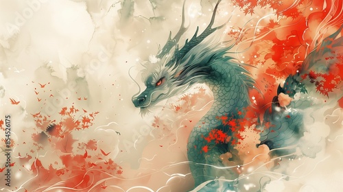 Majestic Chinese Dragon in a Minimalist White Space, Showcasing Traditional Symbolism and Intricate Details of Mythical Creature in Clean Design