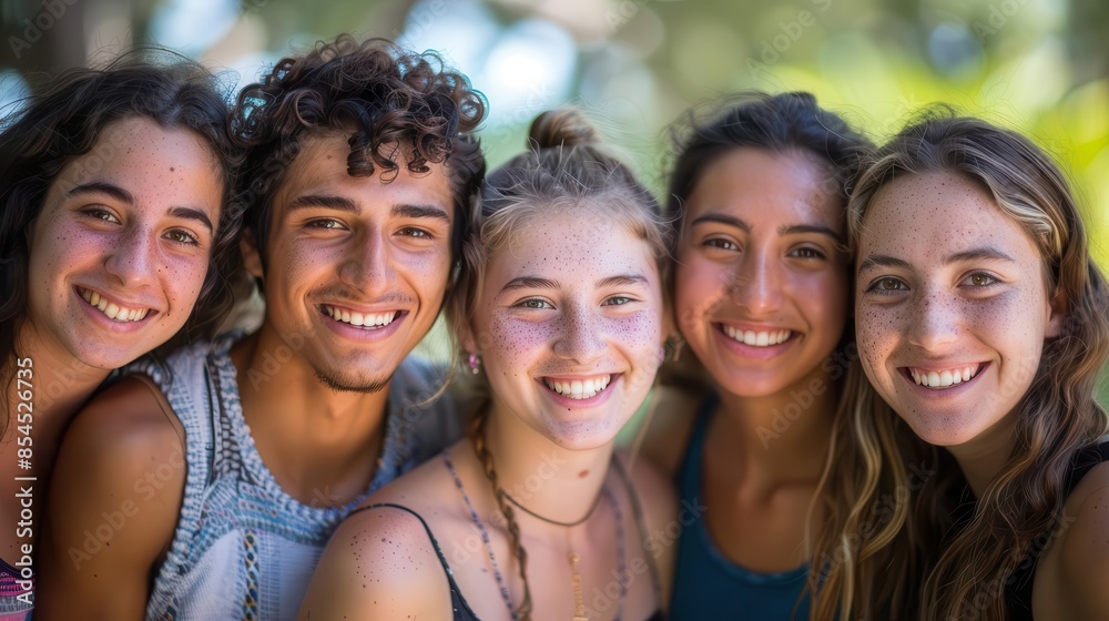 A group of friends smiling outdoors, captured in a candid moment A group of friends smiling outdoors, captured in a candid moment