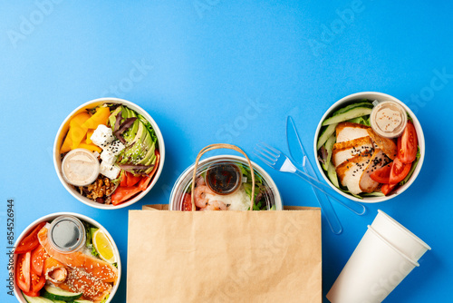 Different poke bowls on blue background top view