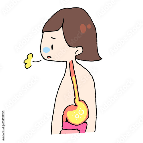 胃腸の調子が悪く胃酸過多や逆流性食道炎で苦しむ女性のイラスト絵素材