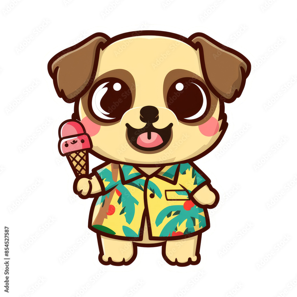 Obraz premium Sticker of cute cartoon dog wearing a Hawaiian shirt and holding an ice cream