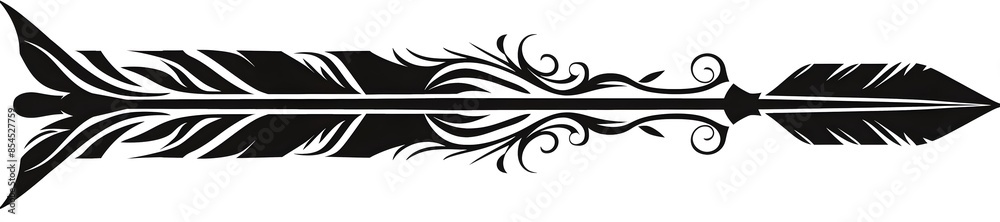 Stylized Black Arrow with Spiraling Tribal Patterns on White Background Stylized Black Arrow with Spiraling Tribal Patterns on White Background