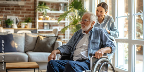 A caregiver is assisting a grandfather in a wheelchair at home, emphasizing support and care.