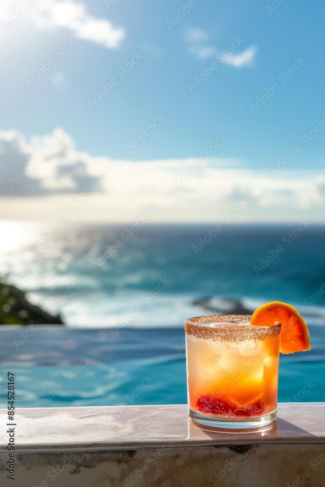 Obraz premium Enjoy a refreshing cocktail by the calm waterfront pool at a tropical seascape resort.
