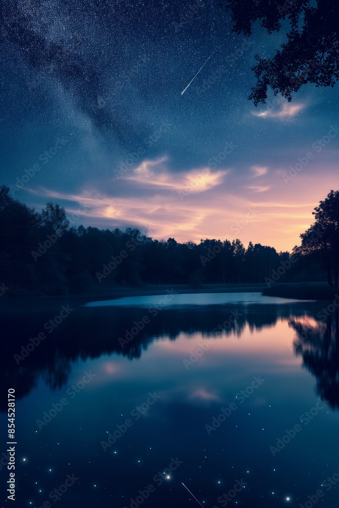 A starry night over a calm pond, reflecting the galaxy and constellations in the serene woods. A starry night over a calm pond, reflecting the galaxy and constellations in the serene woods.