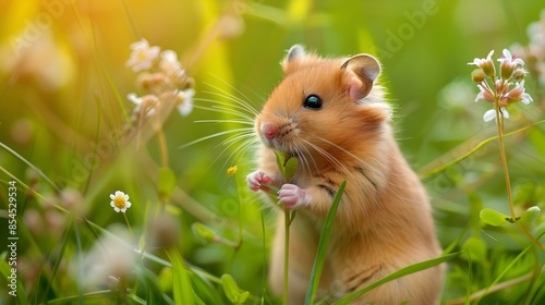 The hamster is holding a small flower img