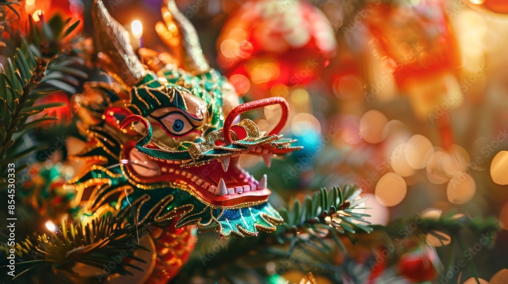 Naklejka premium Colorful Chinese Dragon Ornament on a Christmas Tree, Generative AI