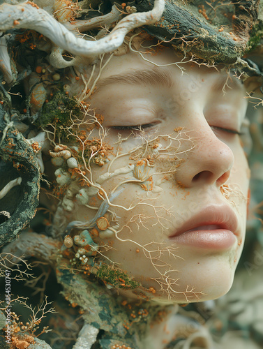 Face of Nature, Child Made of Plants and Flowers. Fantasy, Mythology, Forest God Spirit, Magical Being, Book Cover Art. Sustainability, Ecology, Planet Earth. Climate Change, Pollution, Biodiversity photo