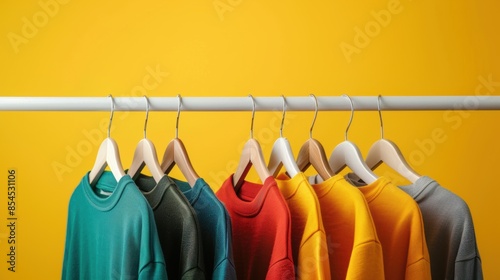 Clothes on a clothing hanger, isolated yellow background